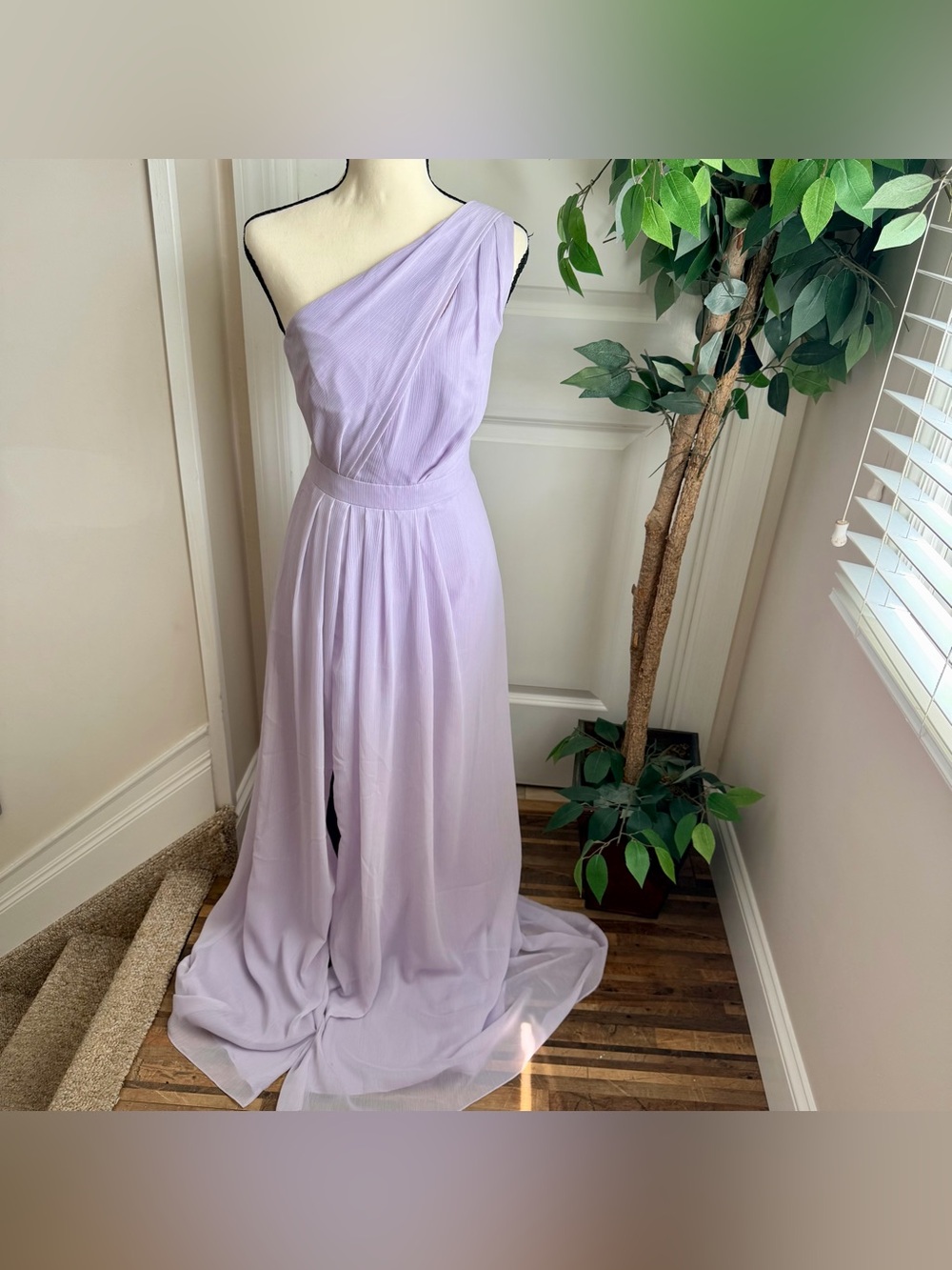 David’s Bridal Long One-Shoulder Crinkle Chiffon Dress Iris Lavender Sz 6 - Picture 2 of 16